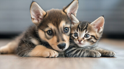 Obraz premium Cute puppy and kitten lying together on the floo