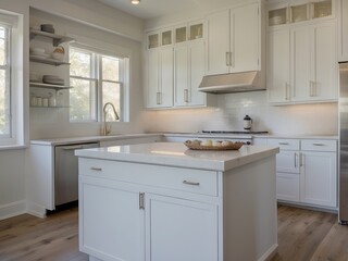 White Kitchen Island with Marble Countertops and Brass Hardware