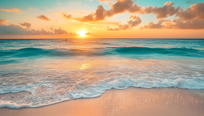 Obraz premium Crystal-clear turquoise waters with gentle waves lapping at a pristine beach under a golden sunset