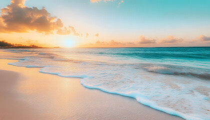 Obraz premium Crystal-clear turquoise waters with gentle waves lapping at a pristine beach under a golden sunset