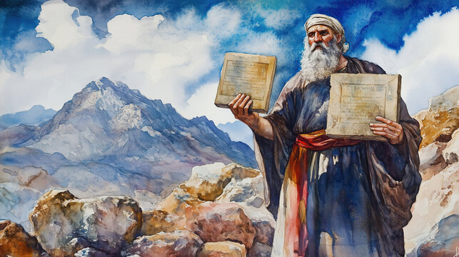 watercolor illustration of Moses and Ten Commandments