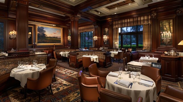 Elegant corporate event venue with upscale table settings and ambient lighting for professionalism