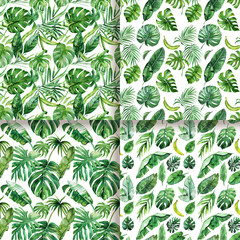 Tropical Leaves Seamless Pattern Watercolor Illustration