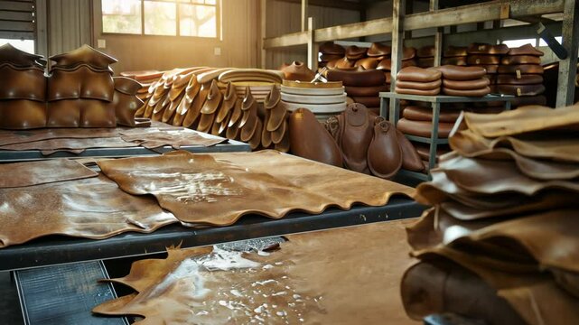 Exploring the leather production process in a bustling workshop with natural lighting in the late afternoon