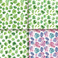 Watercolor Tropical Leaves Seamless Pattern Green Blue Pink