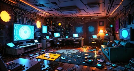 messy living room in futuristic sci fi house home in the woodland forest. abandoned room interior with computer technology and monitor displays in forest cabin.