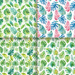 Tropical Watercolor Seamless Pattern Green and Blue Leaves Background