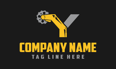 letter Y excavator arm with saw logo design .