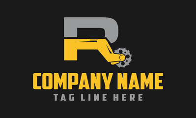 letter R excavator arm with saw logo design .