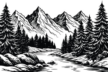 Mountain River and Fir Trees Forest - Vector Landscape Sketch illustration on black and white.