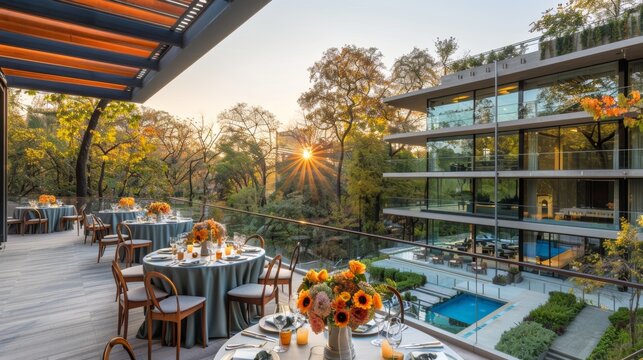 Elegant corporate event venue with upscale table settings and ambient lighting for sophistication