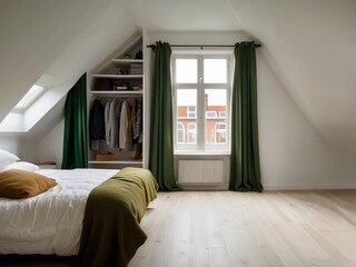 Minimalist Attic Bedroom with Green Curtains and White Closet