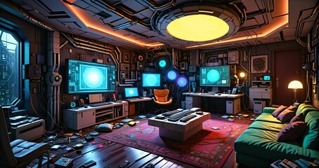 Naklejka premium messy living room in futuristic sci fi house home in the woodland forest. abandoned room interior with computer technology and monitor displays in forest cabin.