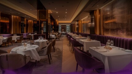 Sophisticated corporate event venue with elegant table settings and ambient lighting for gatherings