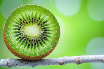 Close up of juicy kiwi fruit slice on branch