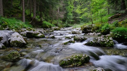 Obraz premium Tranquil Forest Stream Flowing Through Rocks