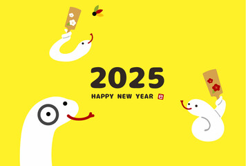 Illustration of a snake playing with a feather board, beside a New Year's card, 2025.English text.