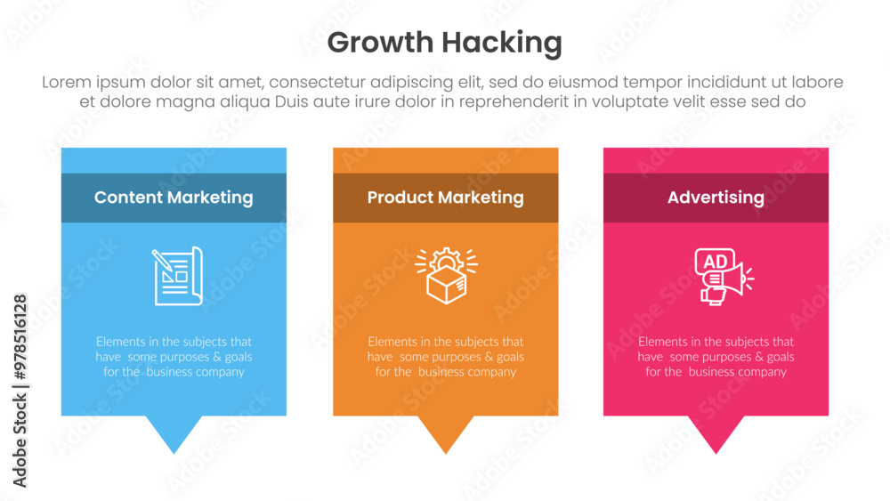 Poster growth hacking infographic 3 point with rectangle box and callout comment dialog on bottom for slide