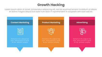 growth hacking infographic 3 point with rectangle box and callout comment dialog on bottom for slide presentation