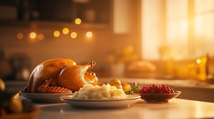 A beautifully arranged festive dinner featuring roasted turkey, creamy mashed potatoes, and vibrant cranberry sauce in warm light.
