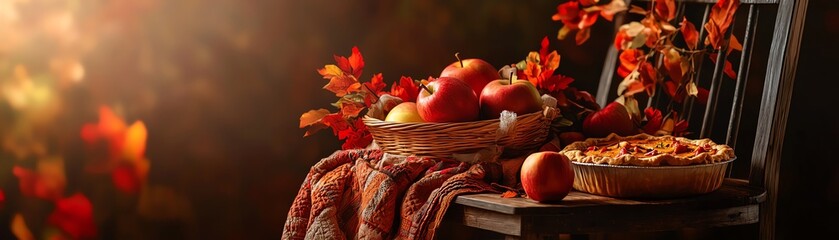 A cozy autumn scene featuring a wooden chair with apples, a pie, and vibrant leaves, perfect for fall-themed projects.