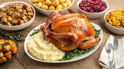A beautifully roasted turkey served with creamy mashed potatoes, stuffing, and sides for a festive meal.