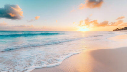 Fototapeta premium Crystal-clear turquoise waters with gentle waves lapping at a pristine beach under a golden sunset
