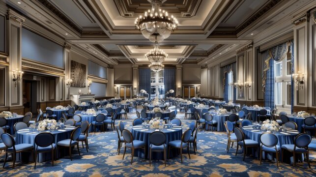 Sophisticated corporate event venue showcasing elegant table settings and ambient lighting
