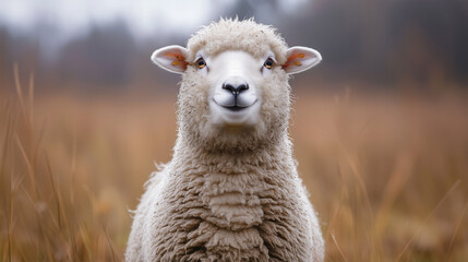 Fototapeta premium A cheerful sheep with a big smile, standing in a field