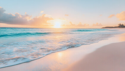 Fototapeta premium Crystal-clear turquoise waters with gentle waves lapping at a pristine beach under a golden sunset