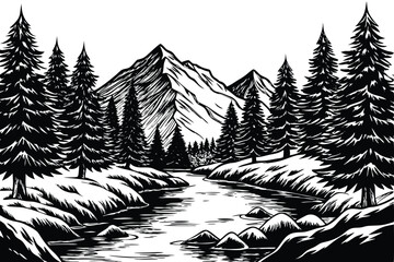 Mountain River and Fir Trees Forest - Vector Landscape Sketch illustration on black and white.