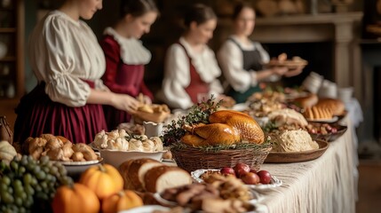 A beautiful display of traditional feast with women serving a variety of foods, showcasing a warm and inviting atmosphere.