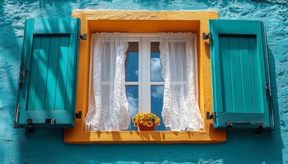 Blue Wall with Yellow Trimmed Window and Green Shutters