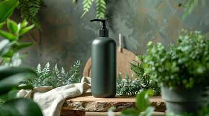 Matte green shampoo bottle, eco-friendly packaging, natural beauty