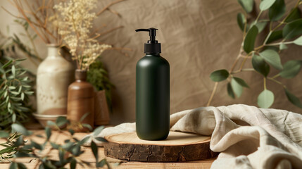 Matte green shampoo bottle, eco-friendly packaging, natural beauty