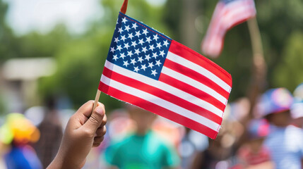African American child hand holds a miniature the USA flag, waving it enthusiastically during a parade, showcasing youthful American patriotism pride