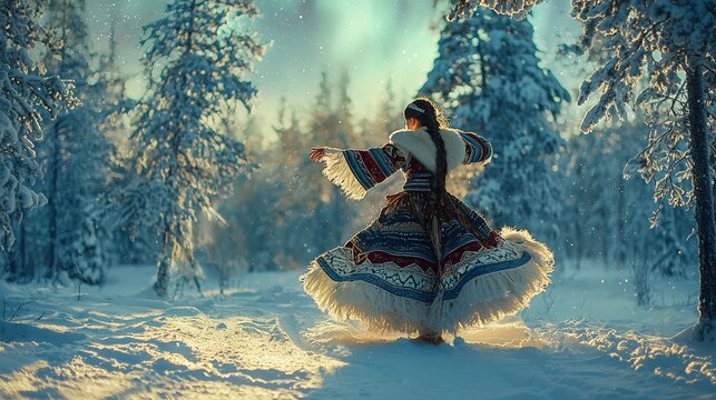 Sami Woman Dancing in Traditional G?kti, Northern Lights Over Snowy Forest