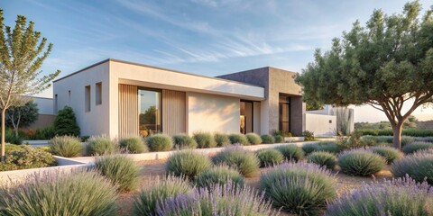Fototapeta premium Modern house surrounded by desert landscaping and trees.