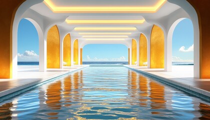 A Modern Archway with a Swimming Pool and Ocean View