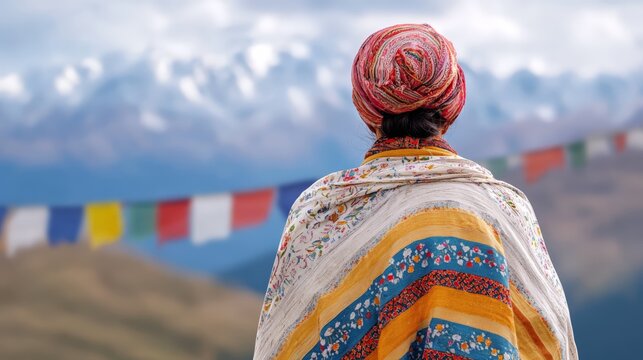 Tibetan Woman Spinning in Traditional Chuba, High Mountain Temple with Prayer Flags