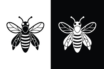 Bee icon symbol silhouette of a honey bee sign. Vector illustration black white background.