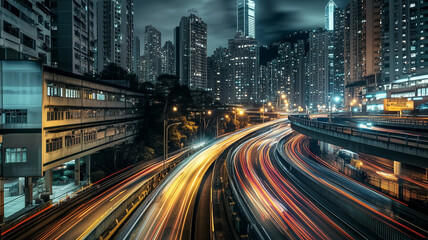 Fototapeta premium A long-exposure shot of a cityscape at night, with car lights fo