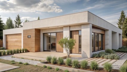 Modern home with clean lines and a minimalist garden.