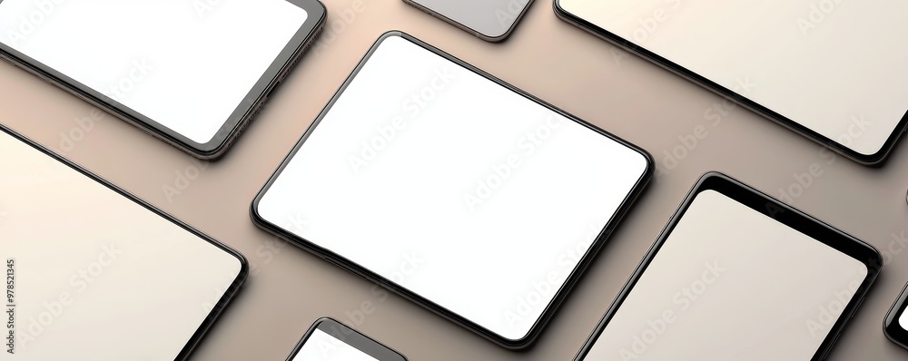 Wall mural a flat lay of multiple modern tablets with blank screens, showcasing a sleek and minimalistic design