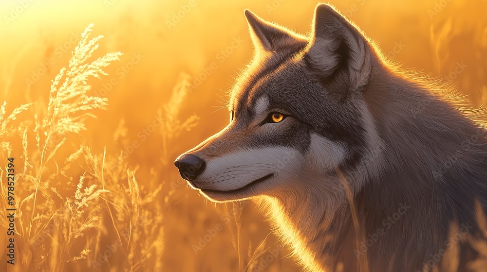 Wall mural A majestic wolf profile captured in golden hour light, showcasing its intelligent eyes and beautiful fur. 