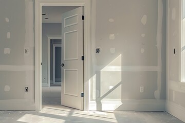 Interior of a new apartment under construction with installed door