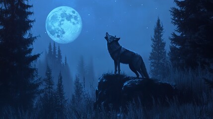 A lone wolf howling against a serene blue night sky in a majestic forest, exuding wildness and mystery in the moonlit wilderness. 