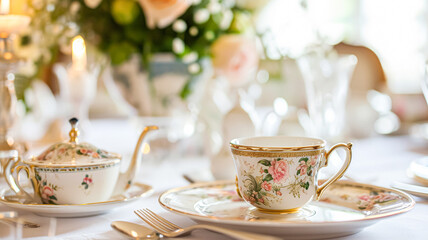 Elegant table setting for tea party with cakes and cupcakes in English manor. Vintage style.