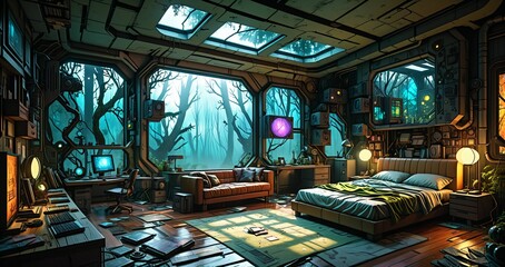 interior of bedroom in futuristic fantasy house. wood cabin room on spring woodland morning. forest home with trees and vines.