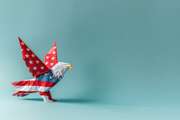 Minimalist origami American flag eagle. 4th of July, Independence Day, the USA America, patriotism. Copy paste empty place for text
